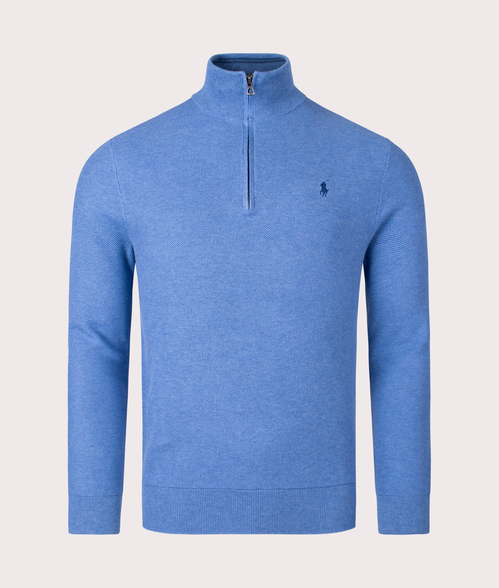 Polo ralph Lauren Quarter Zip Contrast Logo Knit in Blue Stone Front Shot at EQVVS