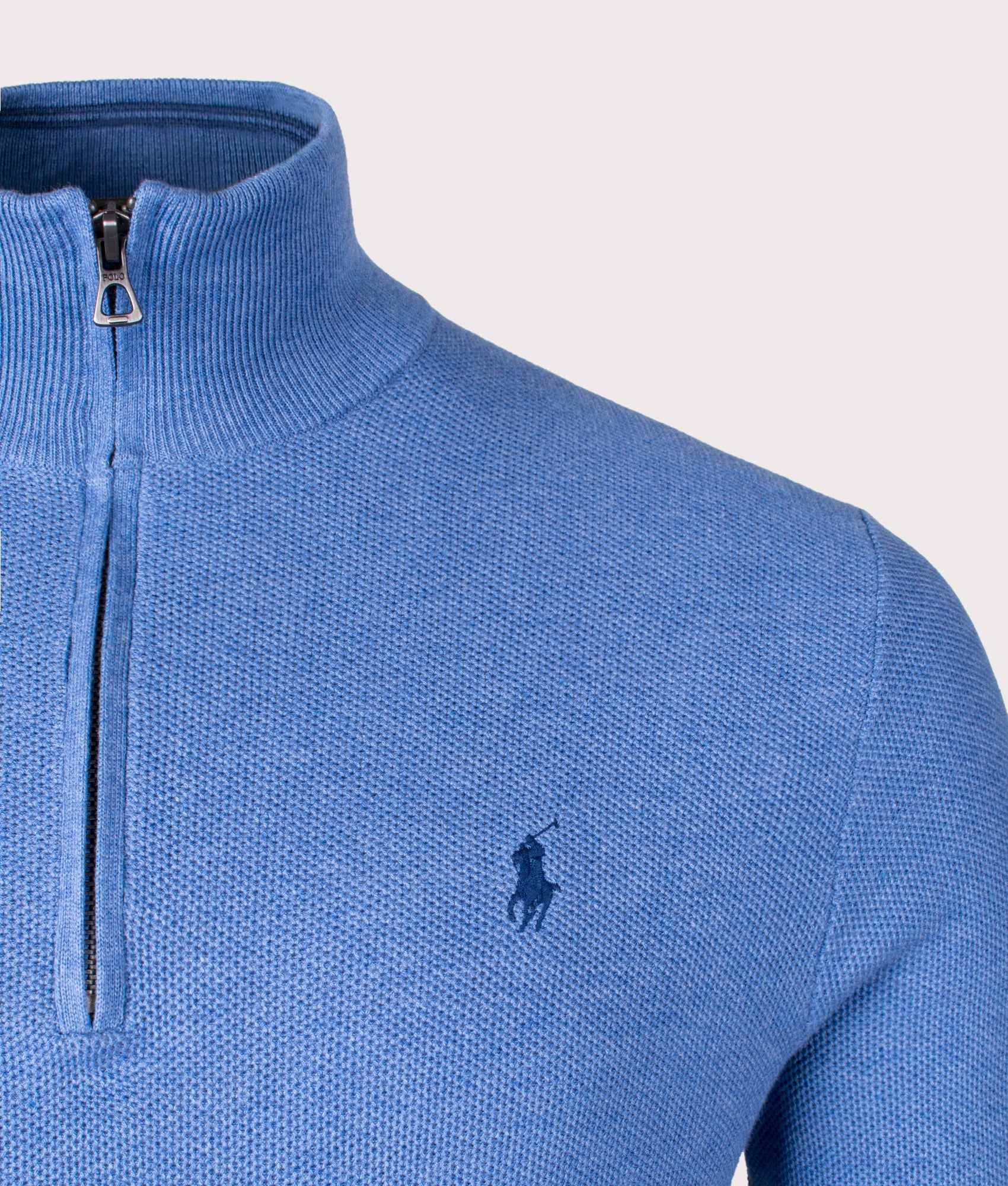 Polo ralph Lauren Quarter Zip Contrast Logo Knit in Blue Stone Detail Shot at EQVVS