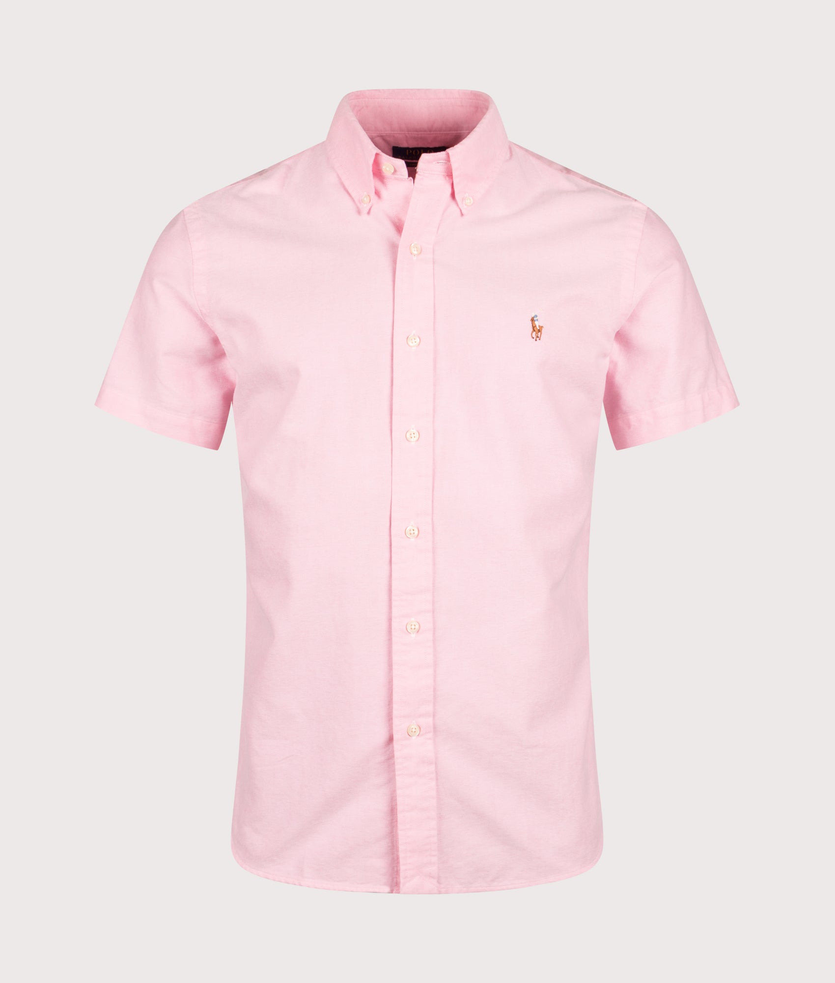 Polo Ralph Lauren Custom Fit Short Sleeve Lightweight Oxford Shirt in New Rose at EQVVS Menswear. Front shot.