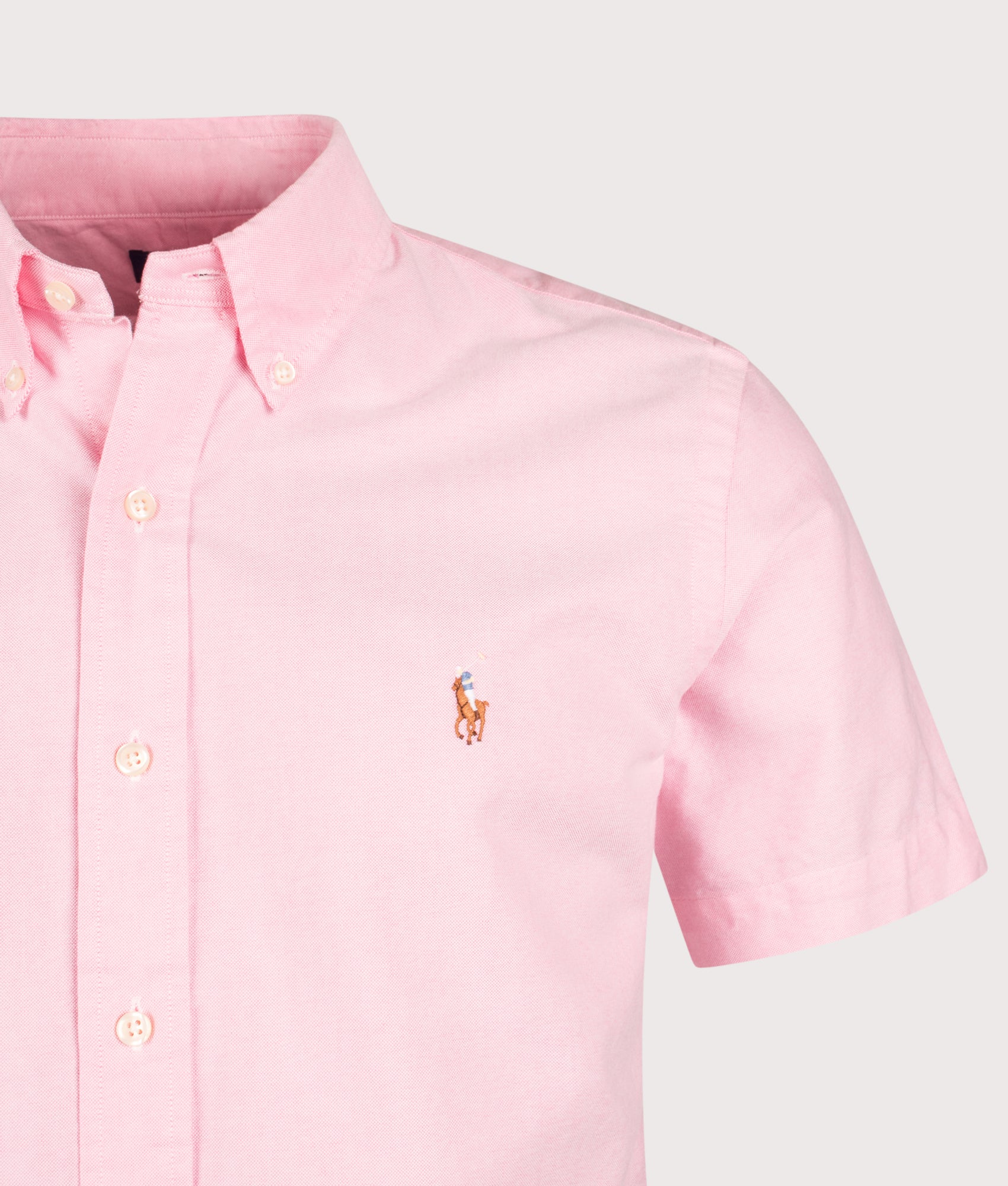 Polo Ralph Lauren Custom Fit Short Sleeve Lightweight Oxford Shirt in New Rose at EQVVS Menswear. Detail shot.