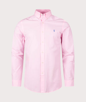 Slim Fit Stretch Poplin Shirt in Carmel Pink by Polo Ralph Lauren. EQVVS Front Angle Shot.
