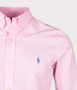 Slim Fit Stretch Poplin Shirt in Carmel Pink by Polo Ralph Lauren. EQVVS Detail  Shot.