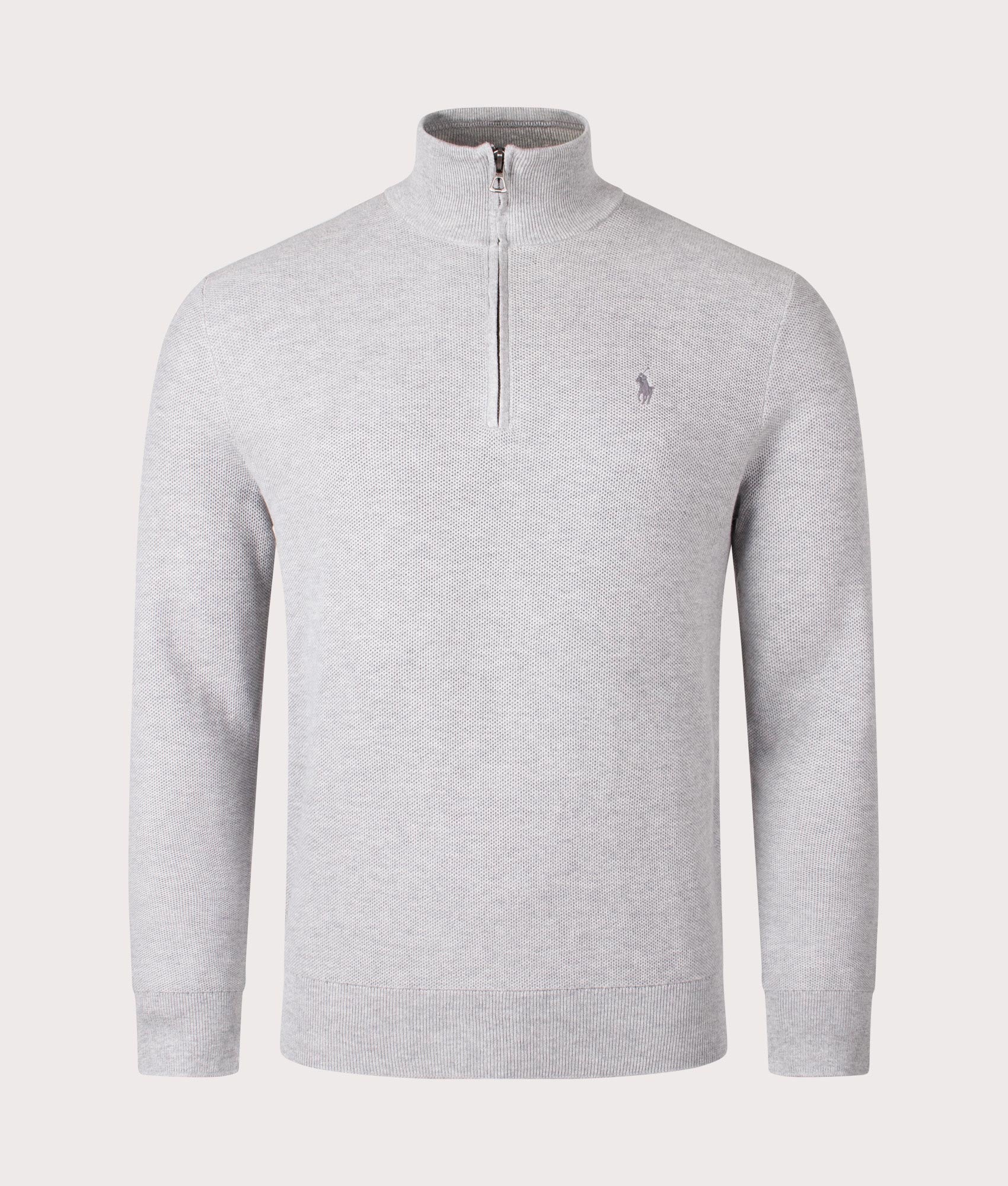 Polo Ralph Lauren Quarter Zip Contrast Logo Knit Jumper in Andover Grey. Front Shot at EQVVS.