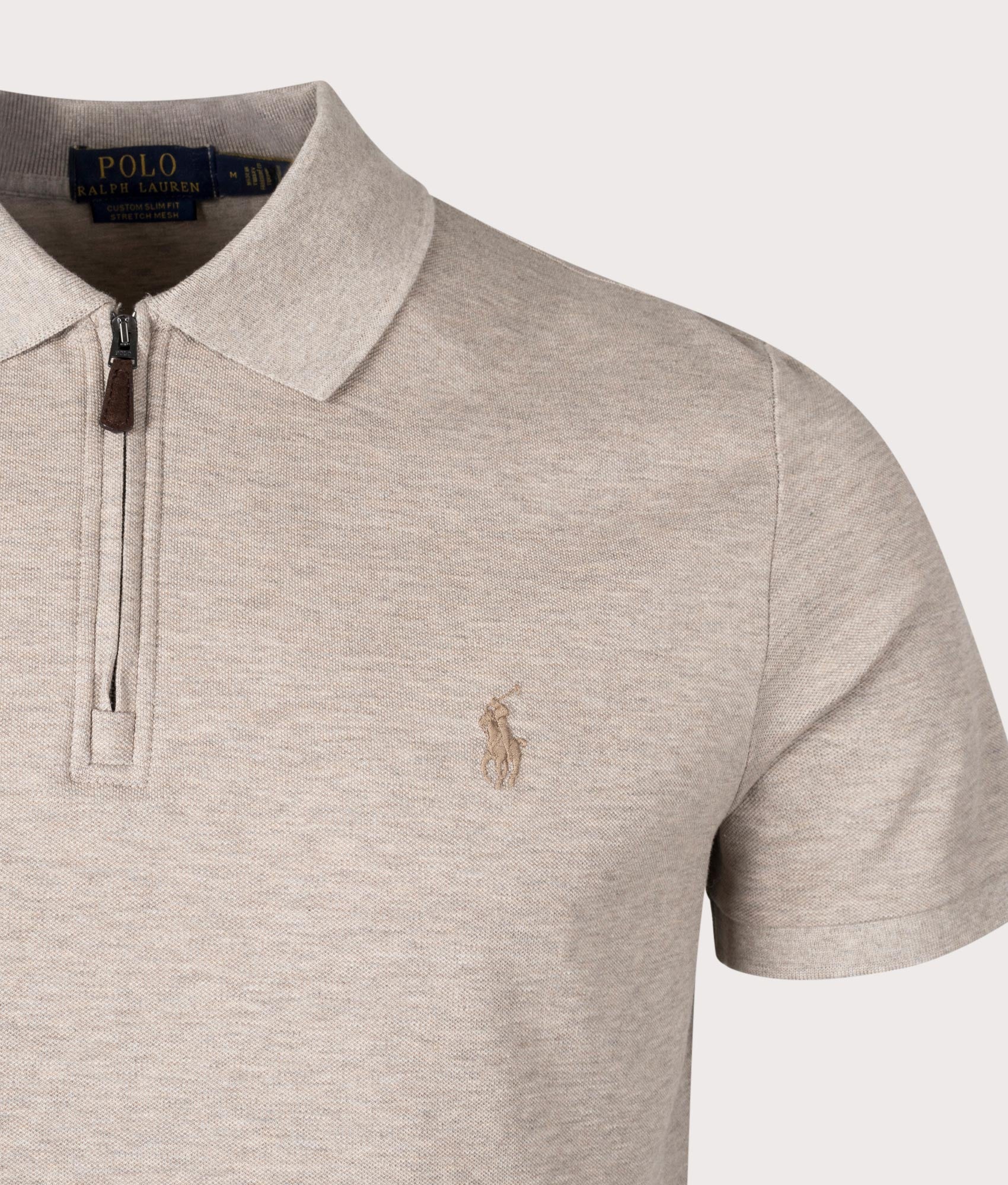 Custom Slim Fit Stretch Mesh Polo Shirt in Tuscan Beige Heather by Polo Ralph Lauren. EQVVS Detail Shot
