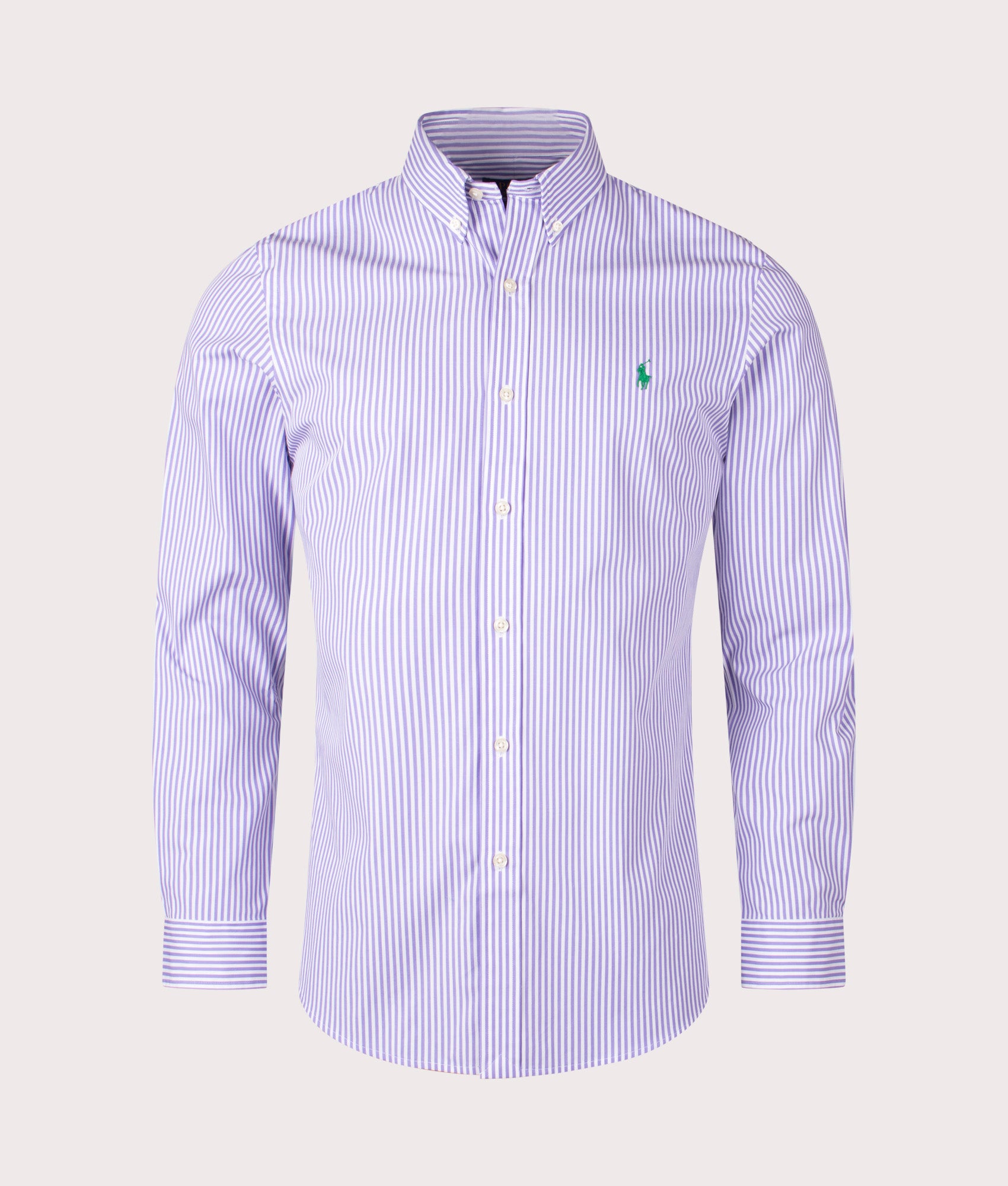 Polo Ralph Lauren Slim Fit Striped Poplin Shirt in Lavender and White at EQVVS. Front Shot.