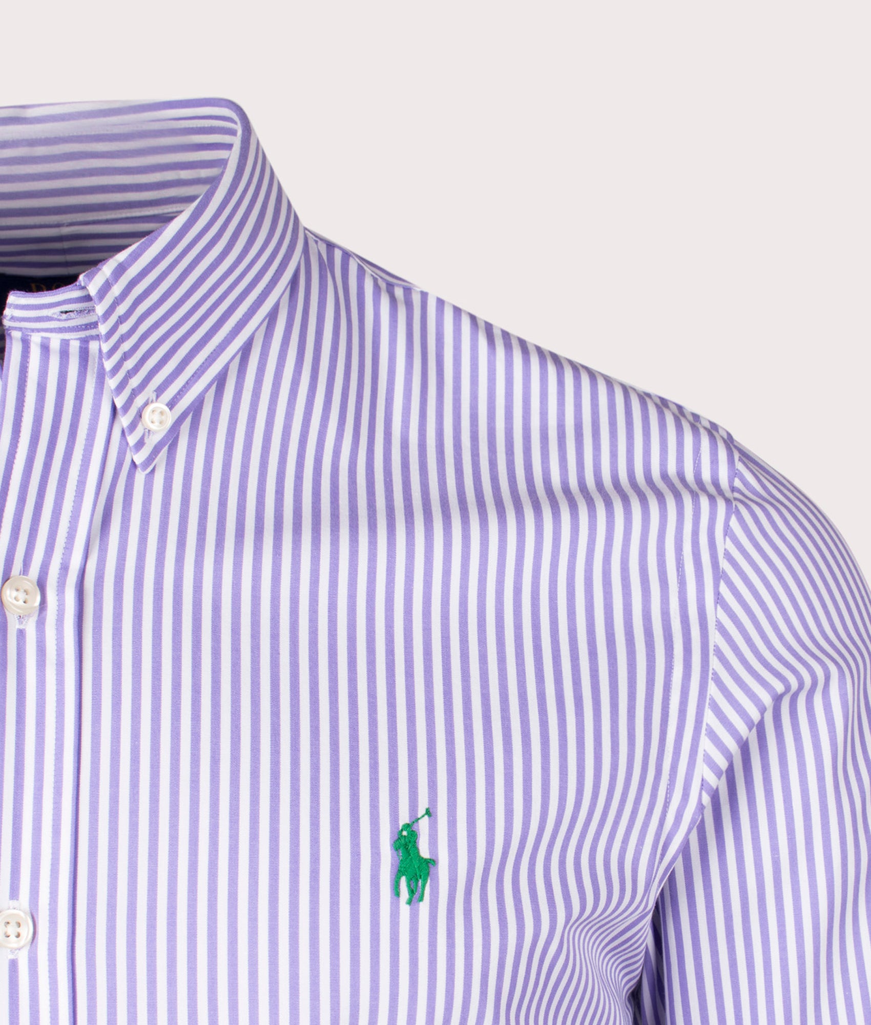Polo Ralph Lauren Slim Fit Striped Poplin Shirt in Lavender and White at EQVVS. Detail Shot.