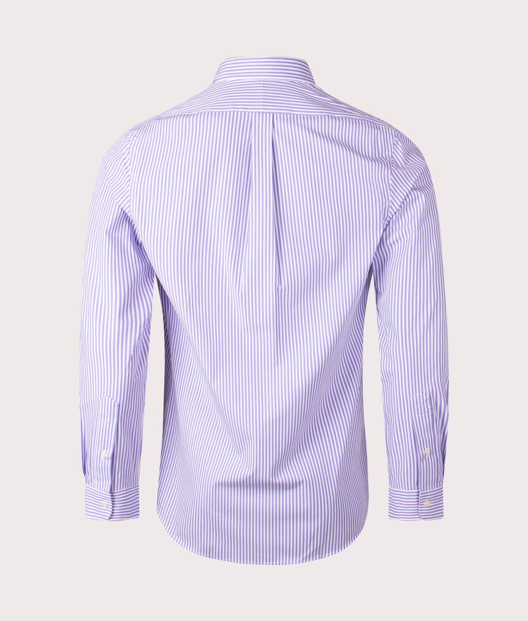 Polo Ralph Lauren Slim Fit Striped Poplin Shirt in Lavender and White at EQVVS. Back Shot.