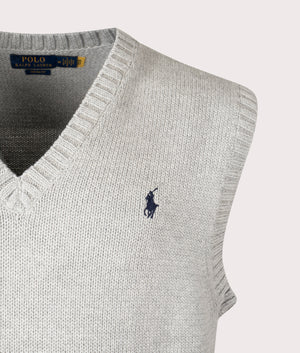 Sleeveless V-Neck Knitted Vest in Andover Heather by Polo Ralph Lauren. EQVVS Detail Shot.