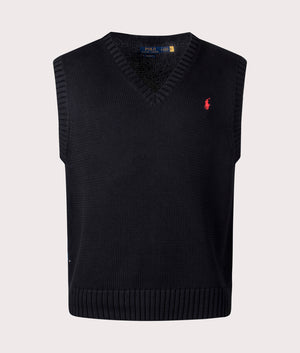 Sleeveless V-Neck Knitted Vest in Polo Black by Polo Ralph Lauren. EQVVS Front Angle Shot.