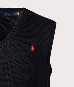 Sleeveless V-Neck Knitted Vest in Polo Black by Polo Ralph Lauren. EQVVS Detail Shot.