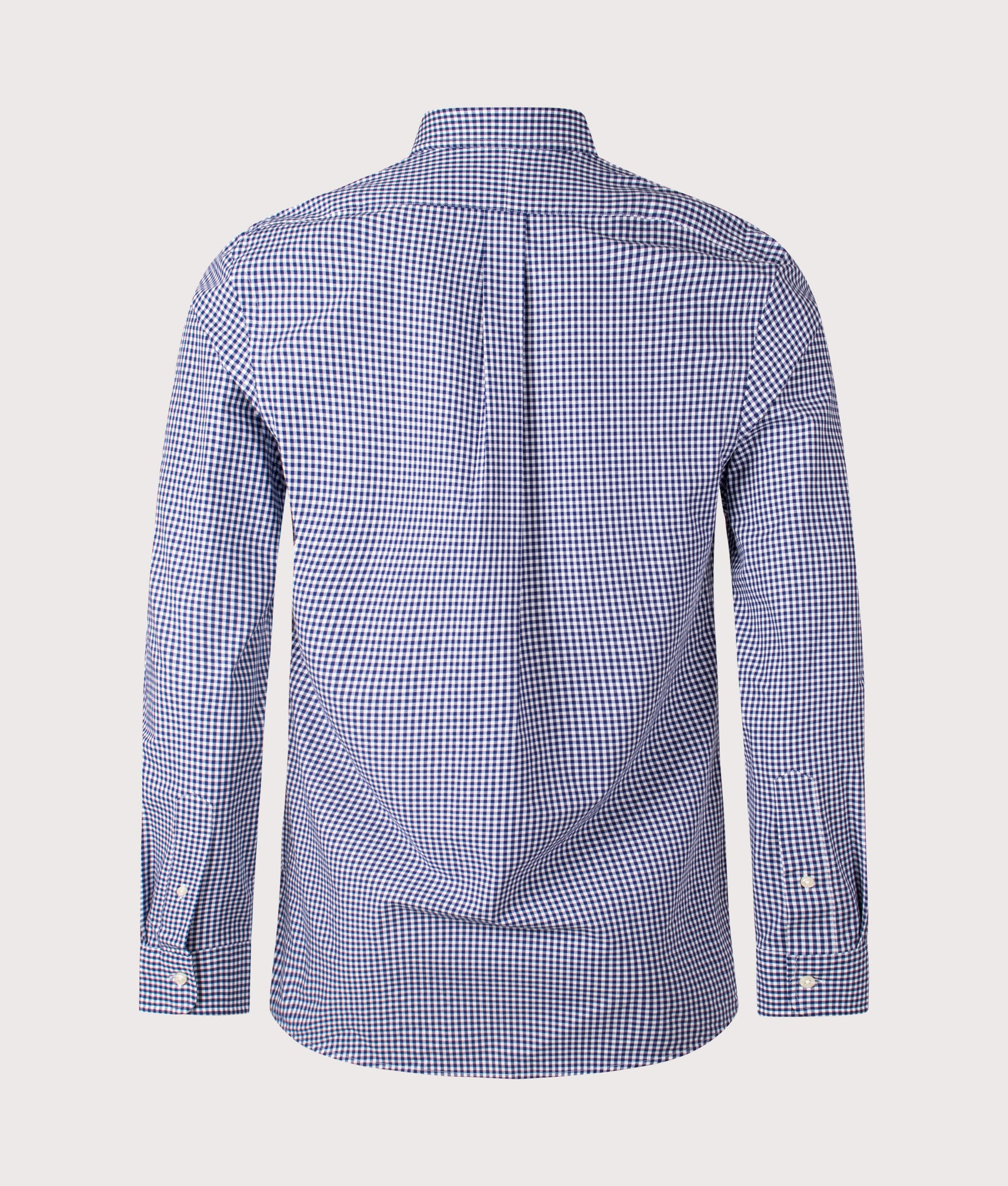 Slim Fit Gingham Stretch Poplin Shirt. Shot by EQVVS. Back shot.
