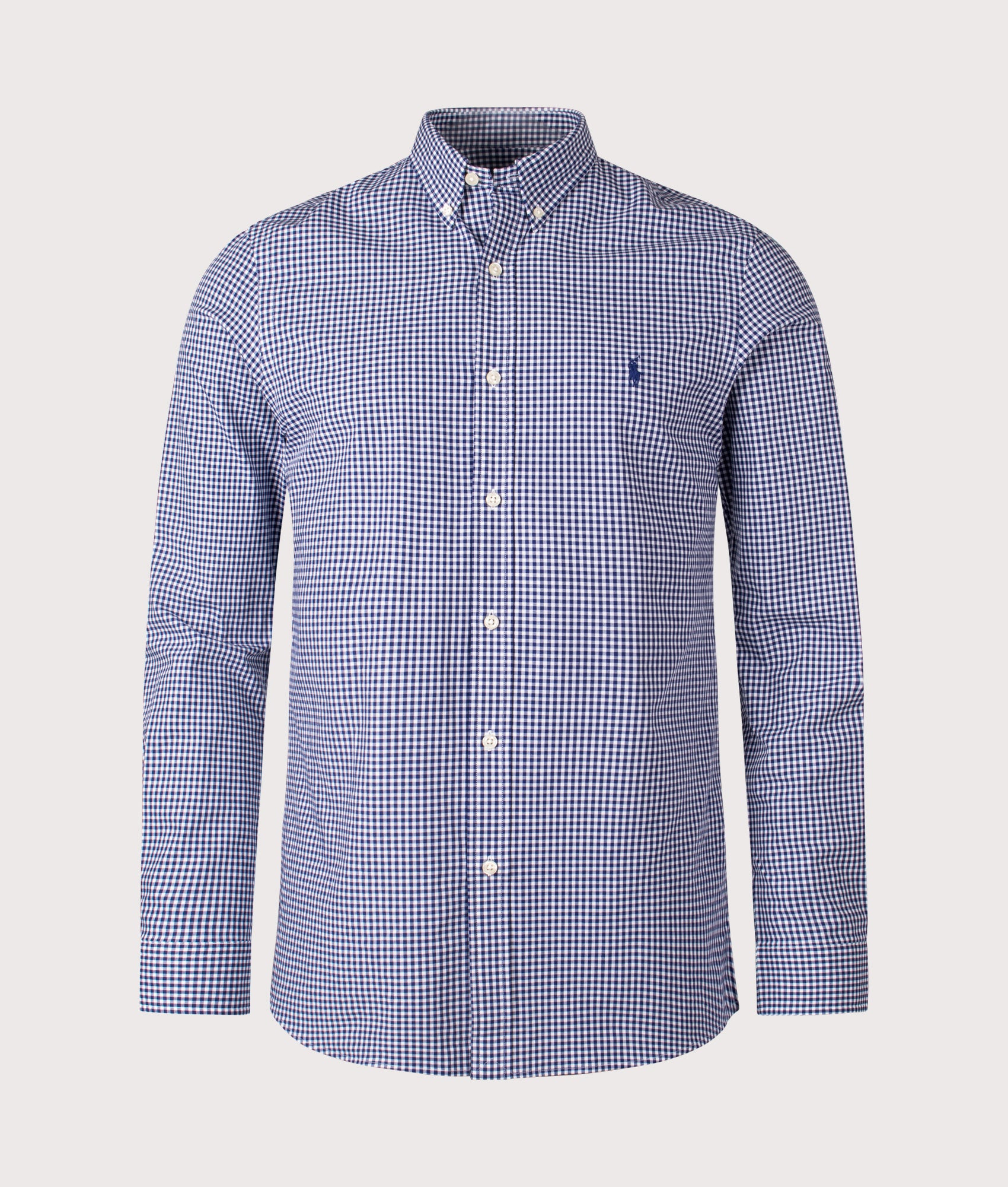 Slim Fit Gingham Stretch Poplin Shirt. Shot by EQVVS. Front shot.