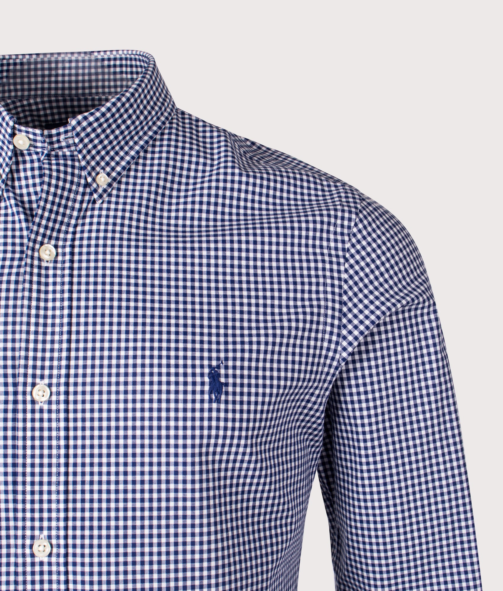 Slim Fit Gingham Stretch Poplin Shirt. Shot by EQVVS. Front detail shot.