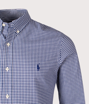 Slim Fit Gingham Stretch Poplin Shirt. Shot by EQVVS. Front detail shot.