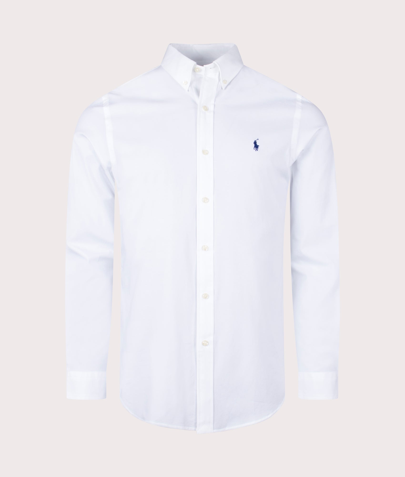 Polo Ralph Lauren Custom Slim Fit Stretch Poplin Shirt in a core white at EQVVS Menswear. Front shot.