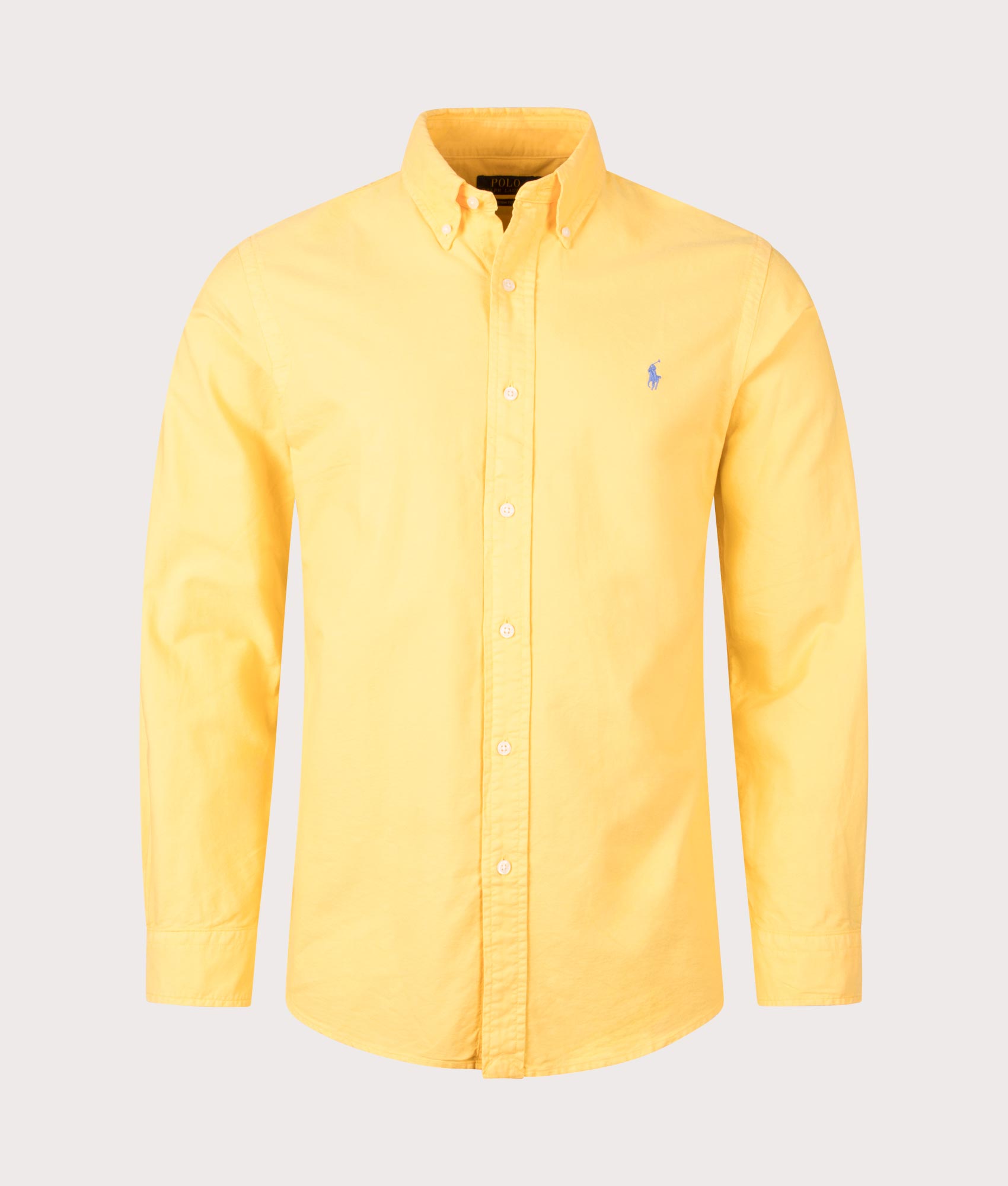 Custom Fit Garment-Dyed Oxford Shirt in Chrome Yellow by Polo Ralph Lauren. EQVVS Front Angle Shot.