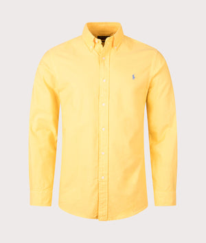 Custom Fit Garment-Dyed Oxford Shirt in Chrome Yellow by Polo Ralph Lauren. EQVVS Front Angle Shot.