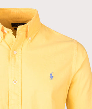 Custom Fit Garment-Dyed Oxford Shirt in Chrome Yellow by Polo Ralph Lauren. EQVVS Detail  Shot.