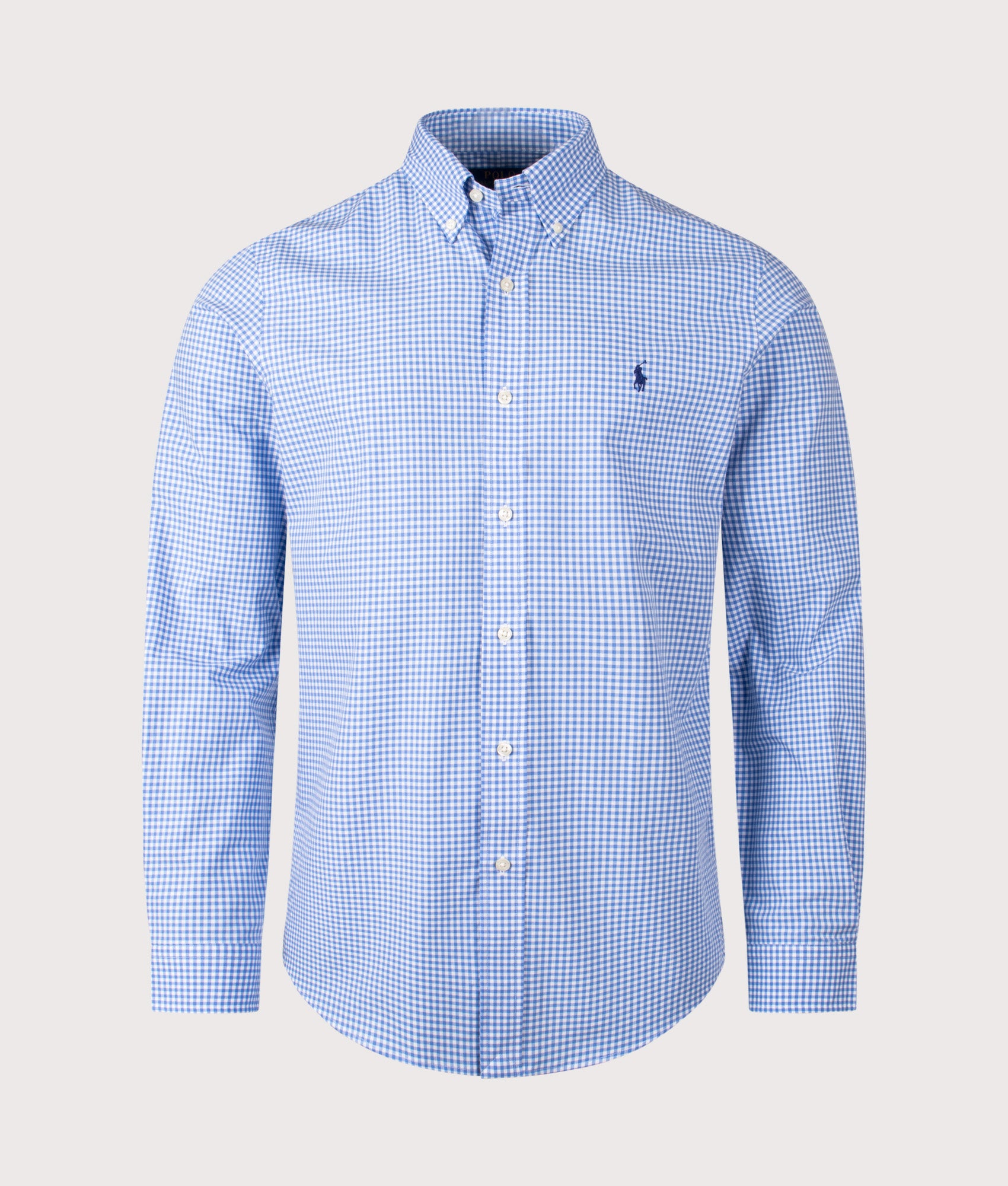 Polo Ralph Lauren Custom Fit Stretch Poplin Shirt in the Blue and white check at EQVVS Menswear. Front shot.