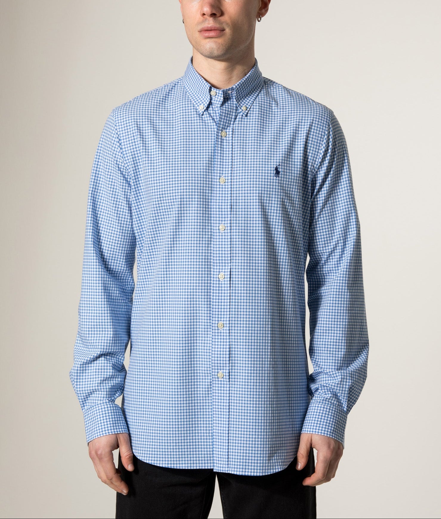 Polo Ralph Lauren Custom Fit Stretch Poplin Shirt in the Blue and white check at EQVVS Menswear. Model front shot.