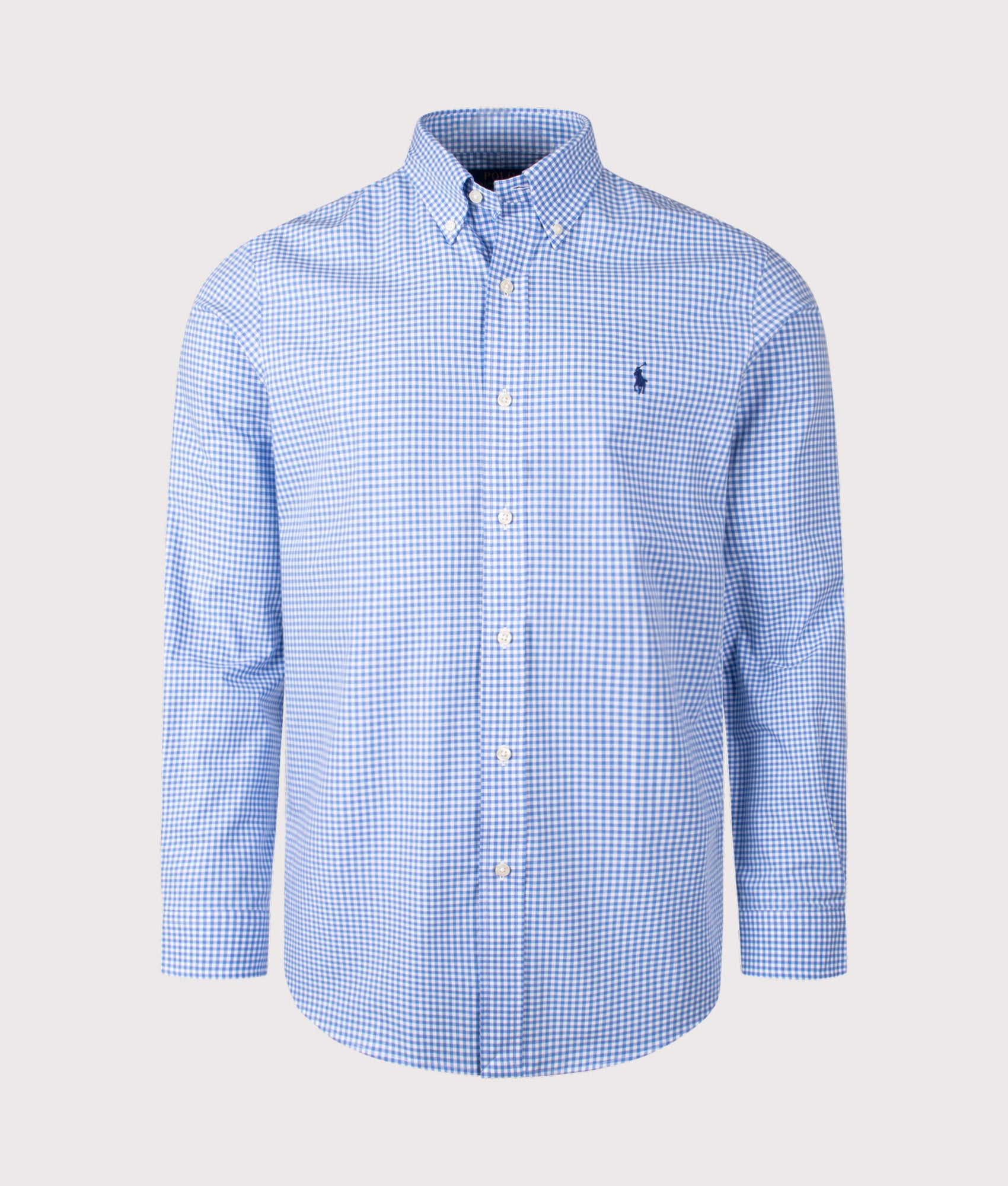 Polo Ralph Lauren Custom Fit Stretch Poplin Shirt in Blue and white check at EQVVS Menswear. Front shot.