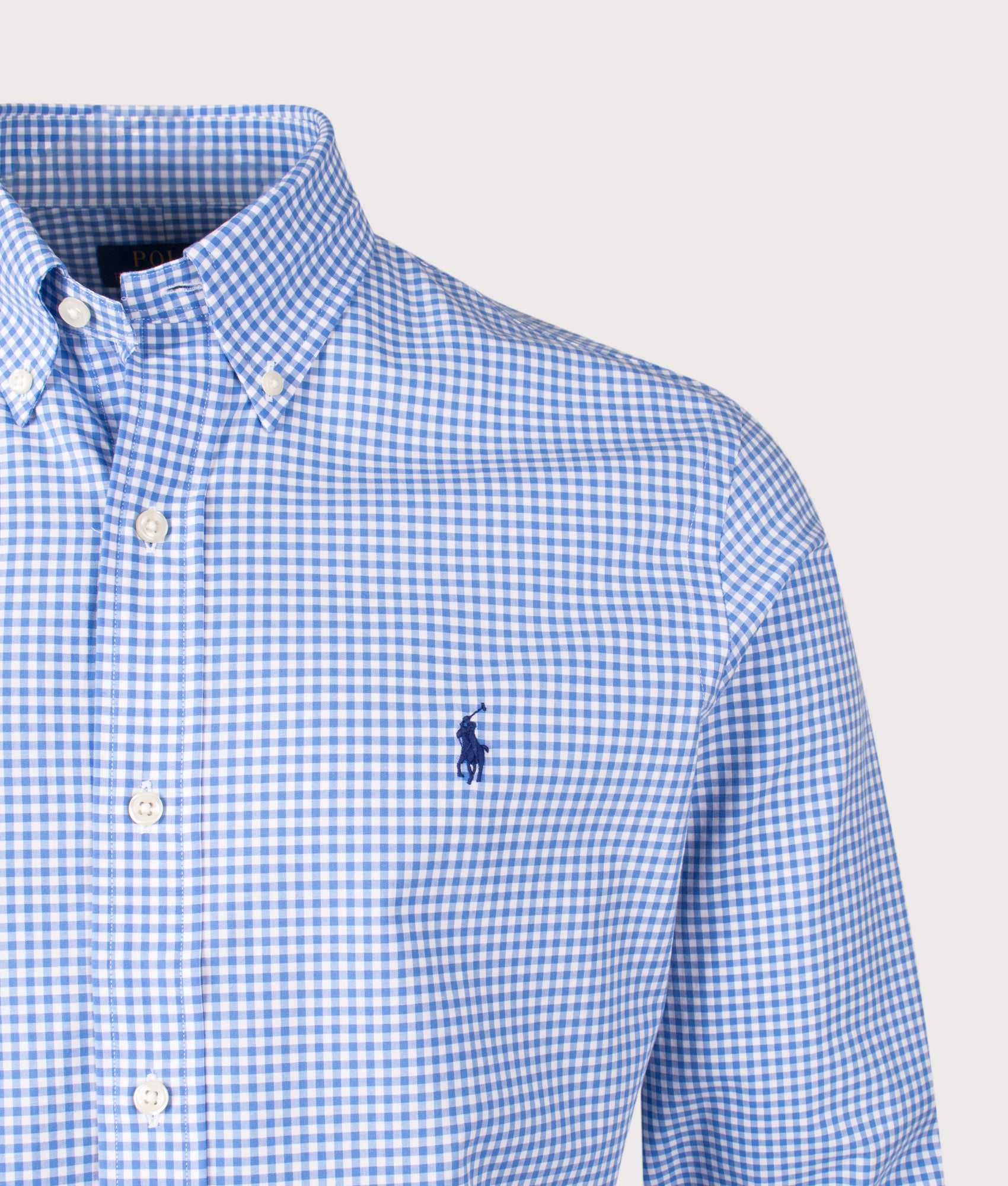 Polo Ralph Lauren Custom Fit Stretch Poplin Shirt in the Blue and white check at EQVVS Menswear. Detail shot.