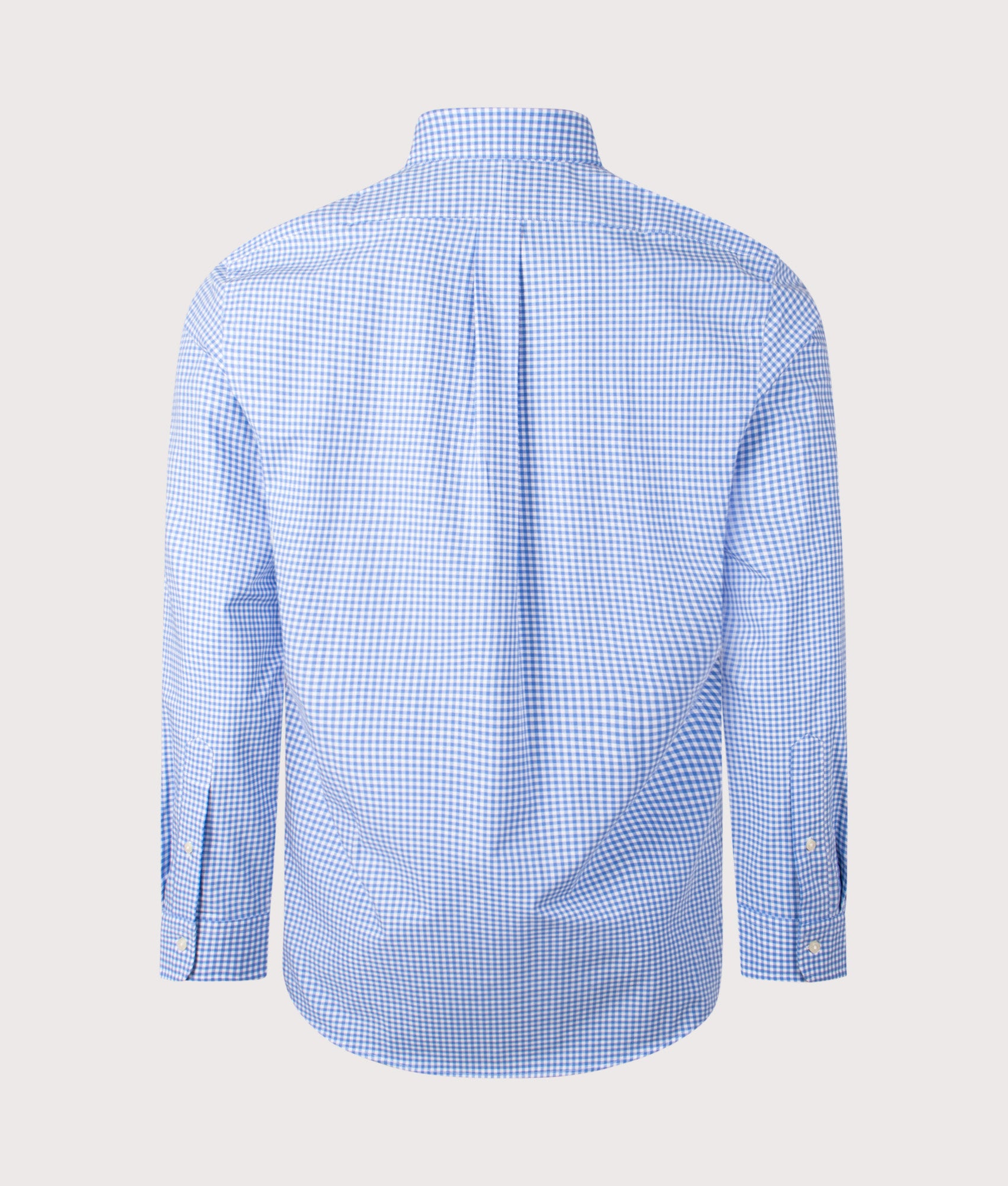 Polo Ralph Lauren Custom Fit Stretch Poplin Shirt in Blue and white check at EQVVS Menswear. Back shot.