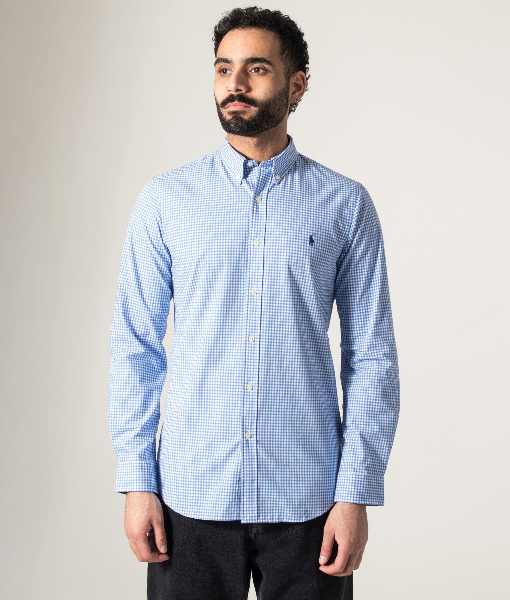 Polo Ralph Lauren Slim Fit Stretch Poplin Shirt in Blue/White Check at EQVVS Menswear. Model front shot.