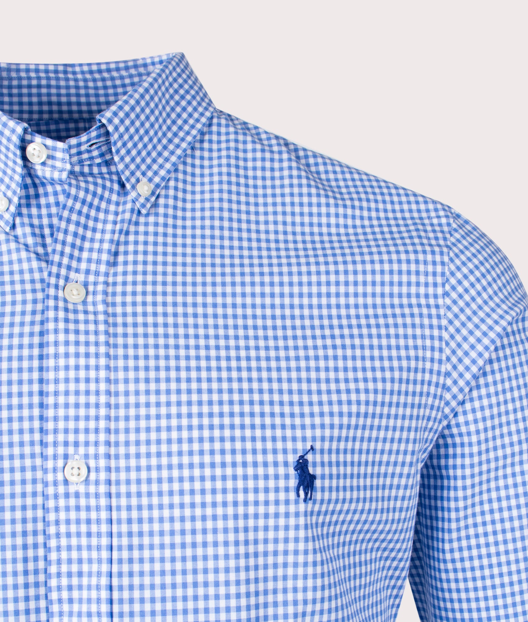 Polo Ralph Lauren Slim Fit Stretch Poplin Shirt in Blue/White Check at EQVVS Menswear. Detail shot.