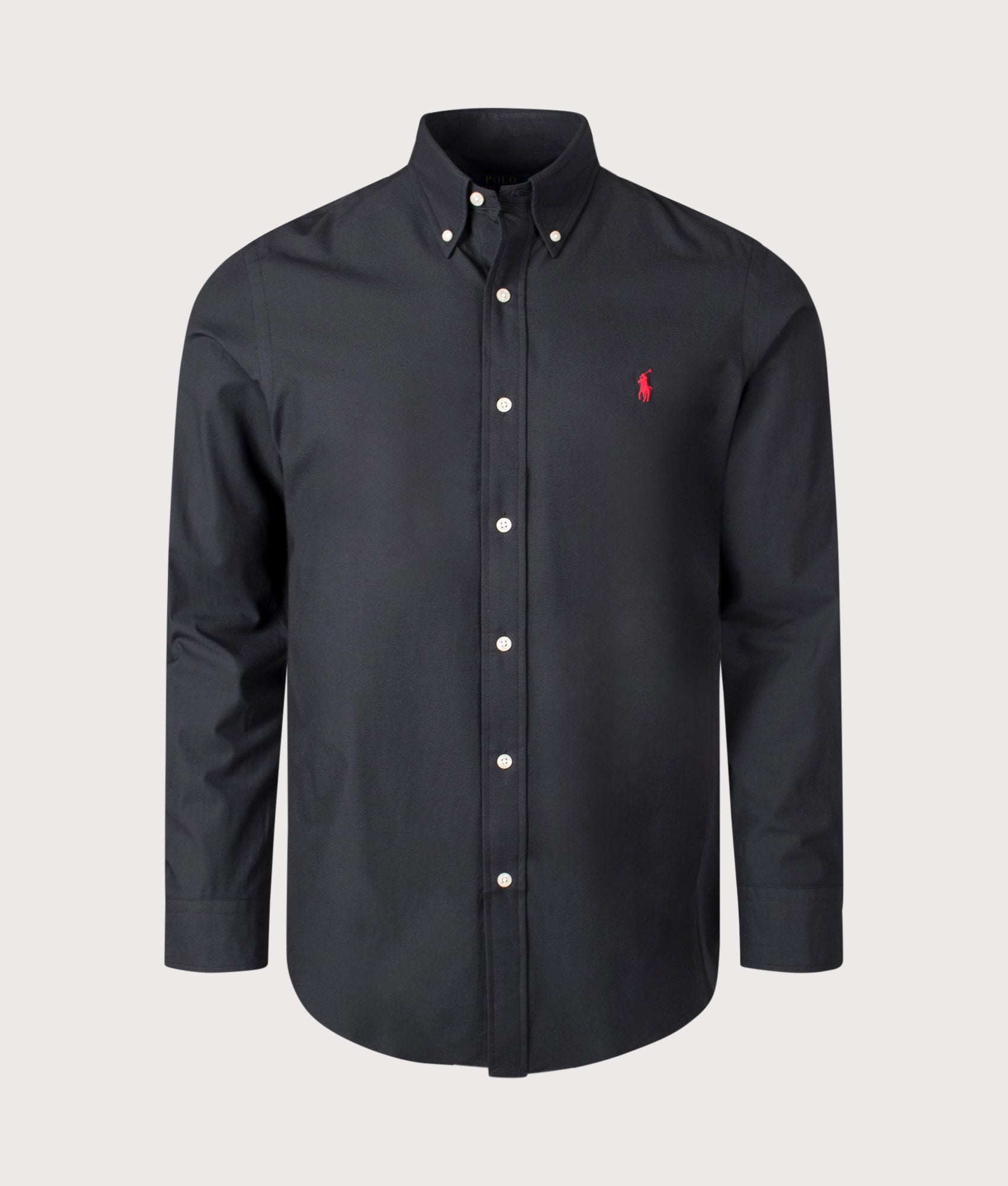 Polo Ralph Lauren Custom Fit stretch poplin Shirt in polo black at EQVVS Menswear. Front shot.