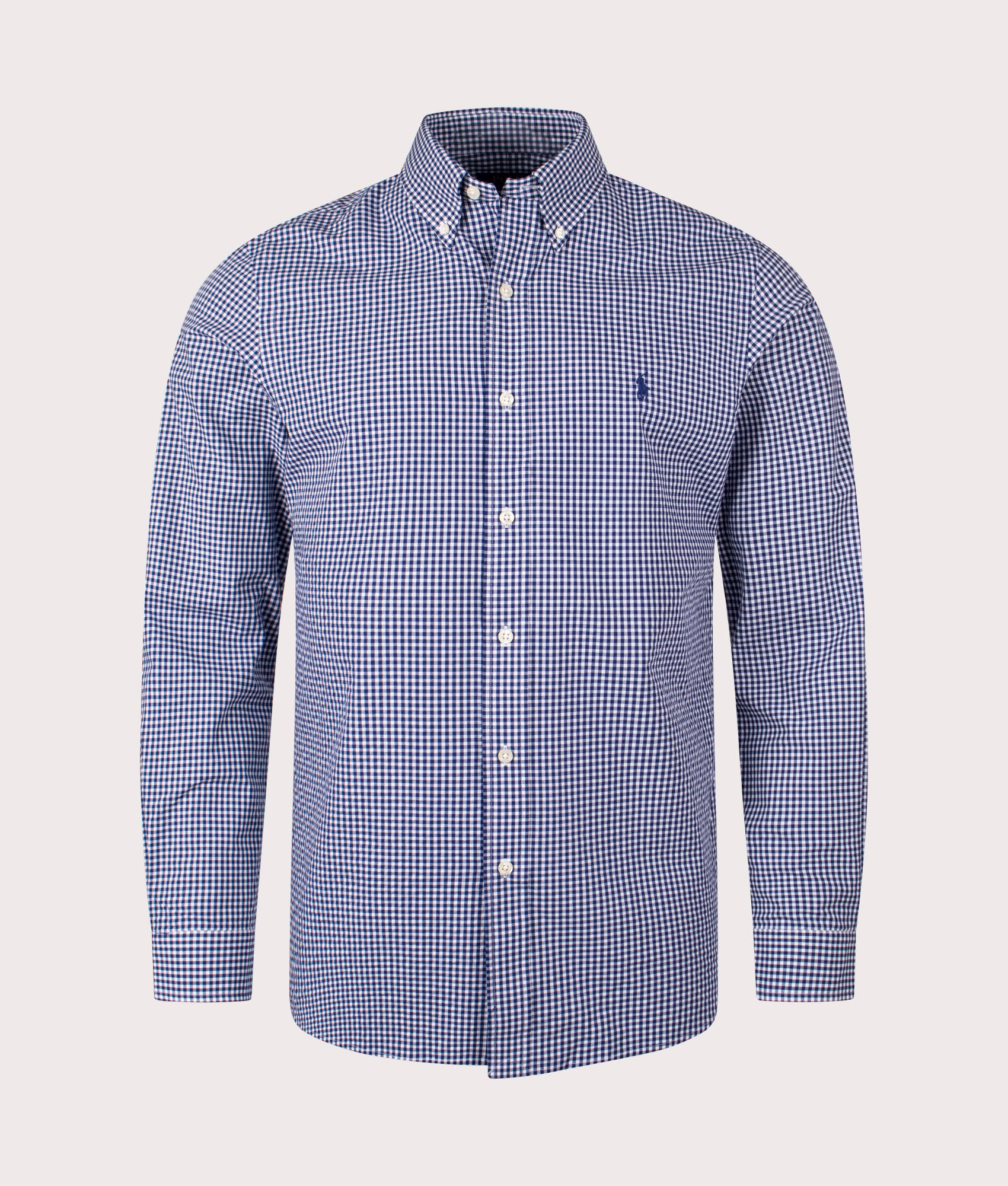 Custom Fit Gingham Stretch Poplin Shirt in Navy White by Polo Ralph Lauren. EQVVS Shot. 