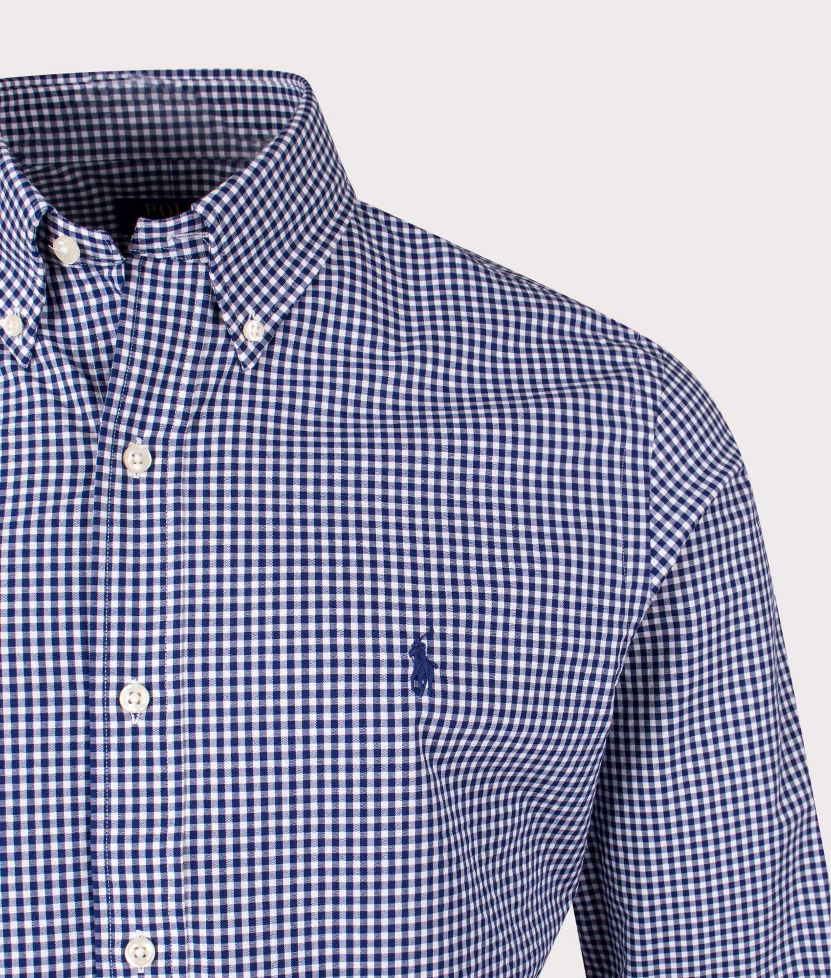 Custom Fit Gingham Stretch Poplin Shirt in Navy White by Polo Ralph Lauren. EQVVS Shot.