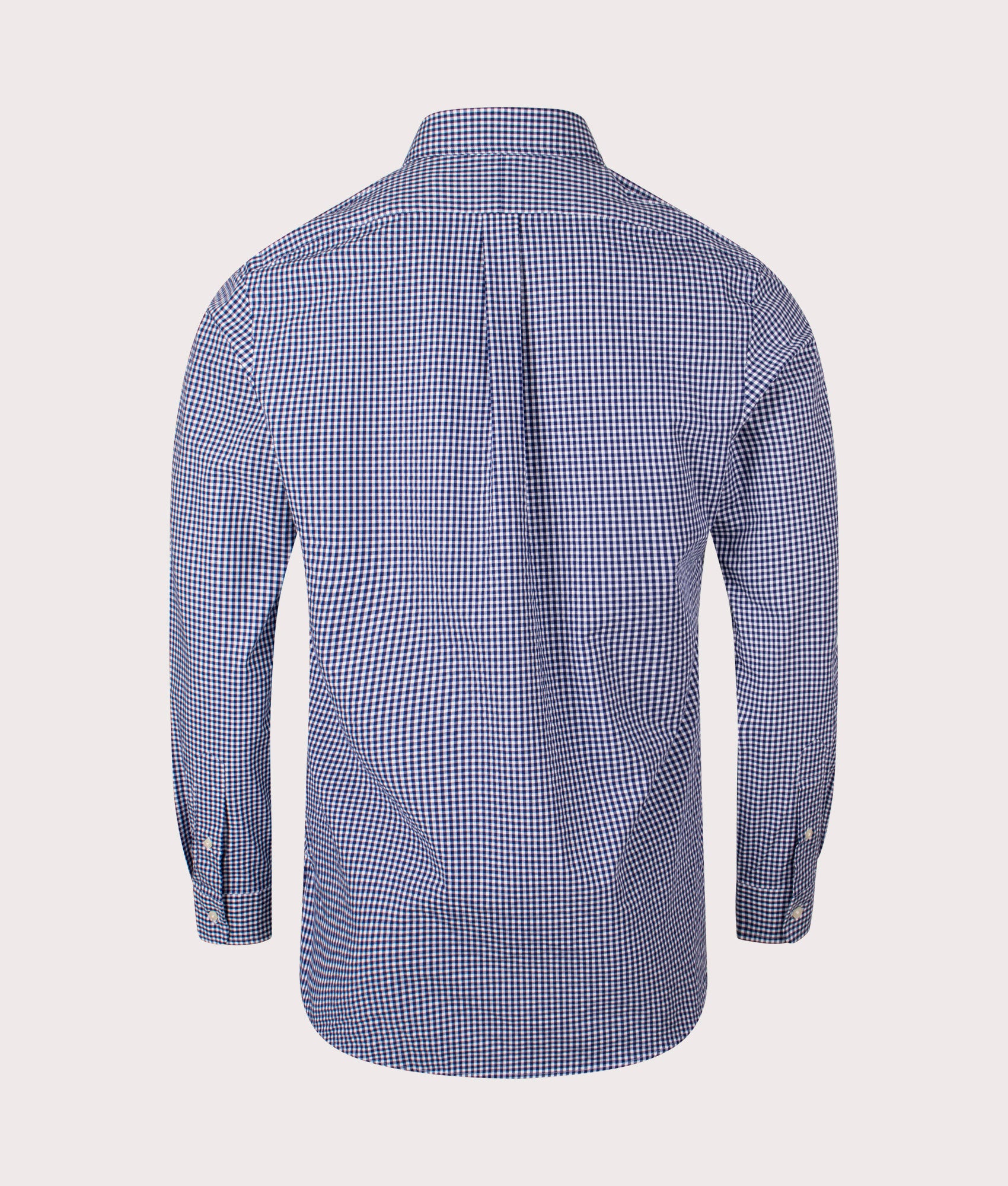 Custom Fit Gingham Stretch Poplin Shirt in Navy White by Polo Ralph Lauren. EQVVS Shot.