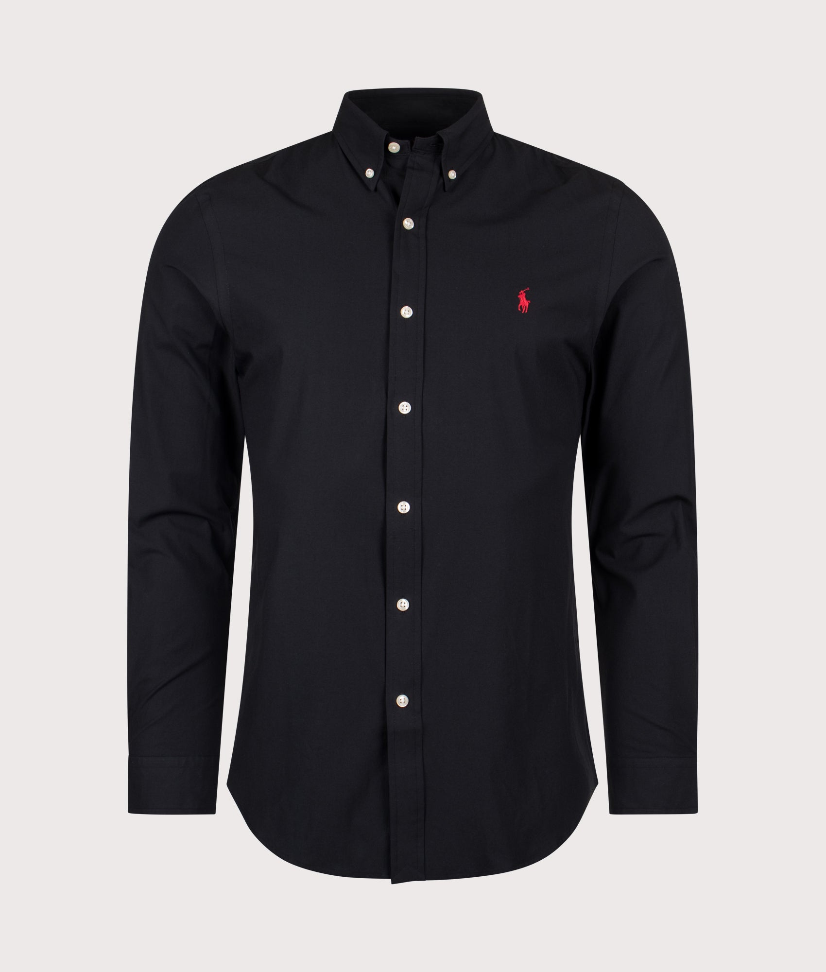 Polo Ralph Lauren Custom Slim Fit Stretch Poplin Shirt in Polo Black at EQVVS Menswear. Front shot.