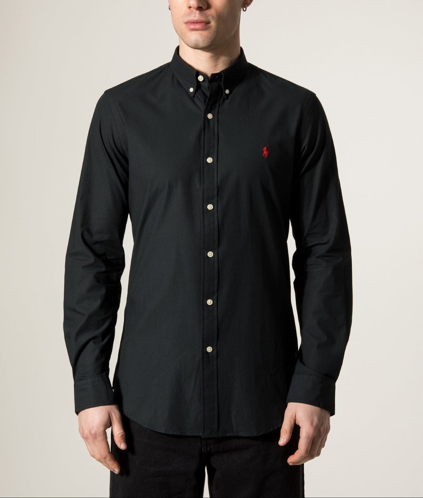 Polo Ralph Lauren Custom Slim Fit Stretch Poplin Shirt in Polo Black at EQVVS Menswear. Model front shot.