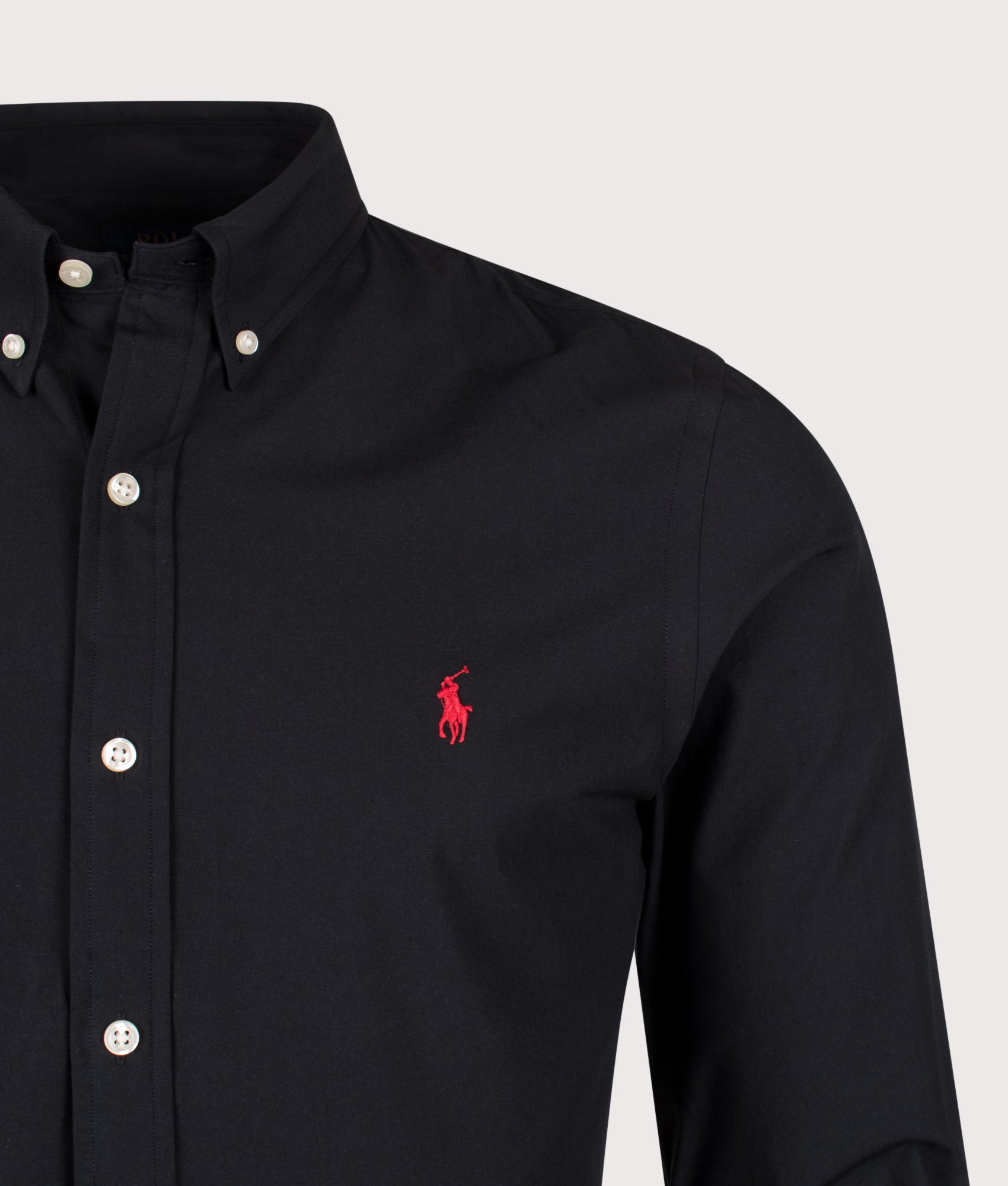 Polo Ralph Lauren Custom Slim Fit Stretch Poplin Shirt in Polo Black at EQVVS Menswear. Front detail shot 