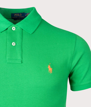 Slim Fit Mesh Polo Shirt in Preppy Green by Polo Ralph Lauren. EQVVS Detail Shot.
