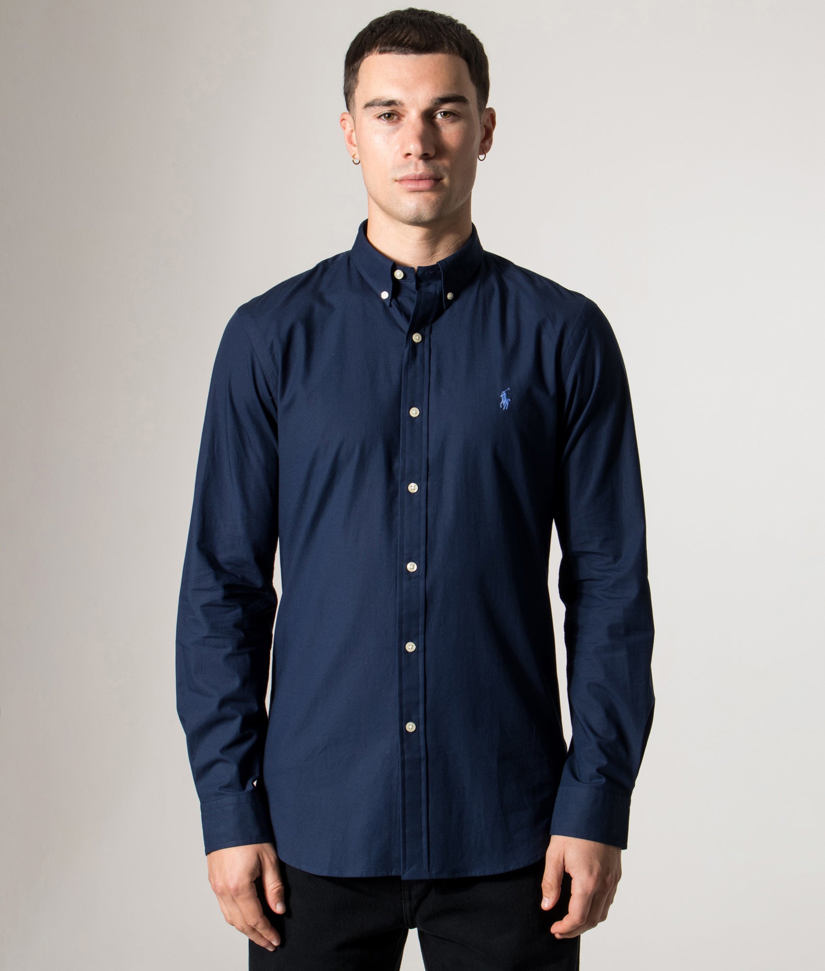 Polo Ralph Lauren Custom Slim Fit Stretch Poplin Shirt in 001 Newport Navy at EQVVS Menswear Model Front Shot