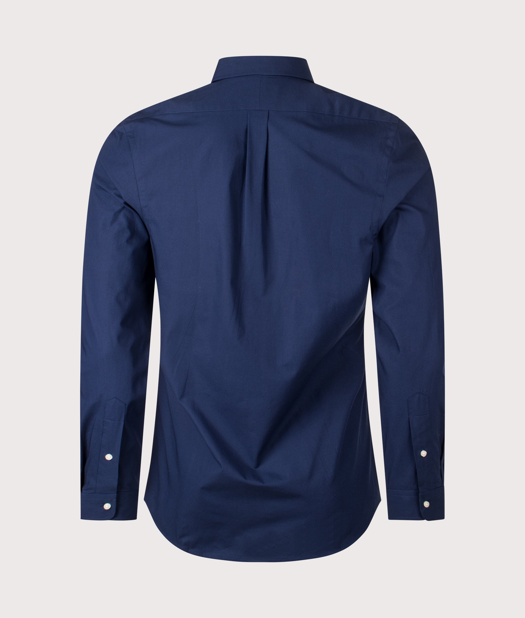Polo Ralph Lauren Custom Slim Fit Stretch Poplin Shirt in 001 Newport Navy at EQVVS Menswear Model. Back shot 