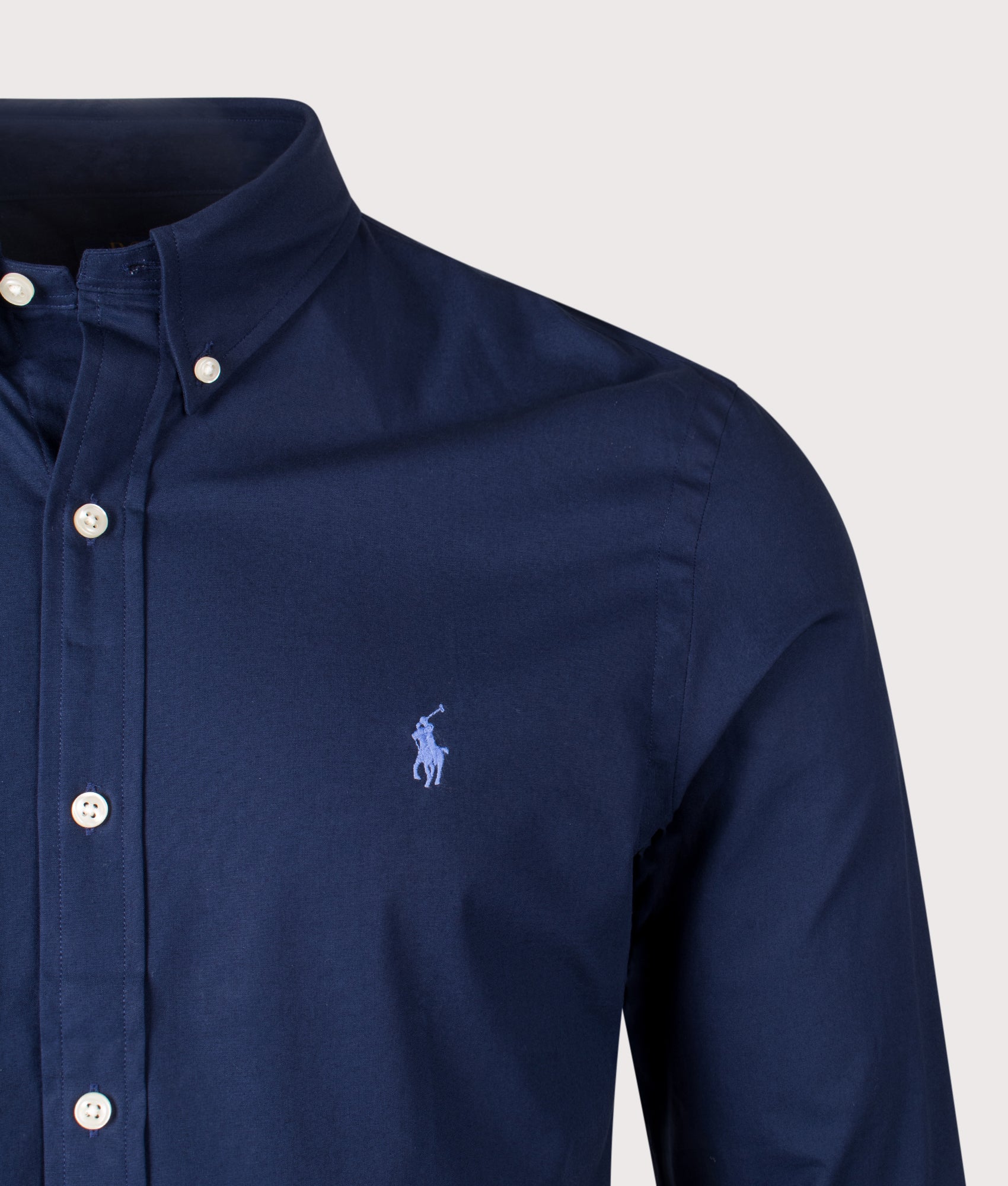 Polo Ralph Lauren Custom Slim Fit Stretch Poplin Shirt in 001 Newport Navy at EQVVS Menswear Model Front Detail Shot
