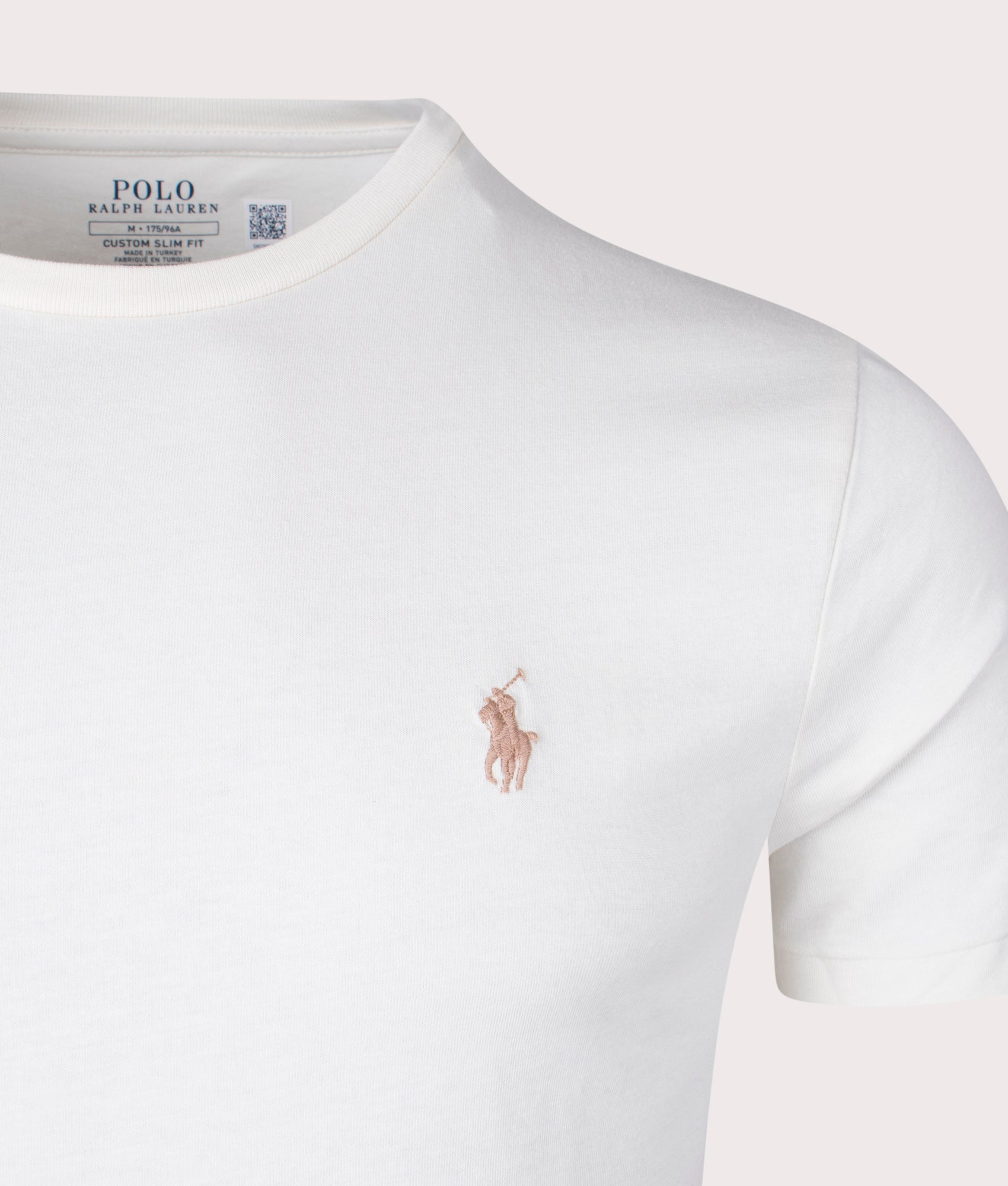 Polo Ralph Lauren Custom Slim Fit T Shirt in Parchment Cream at EQVVS Menswear. Detail shot.