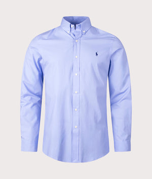 Slim Fit Stretch Poplin Shirt in Lafayette Blue by Polo Ralph Lauren. EQVVS Front Angle Shot.