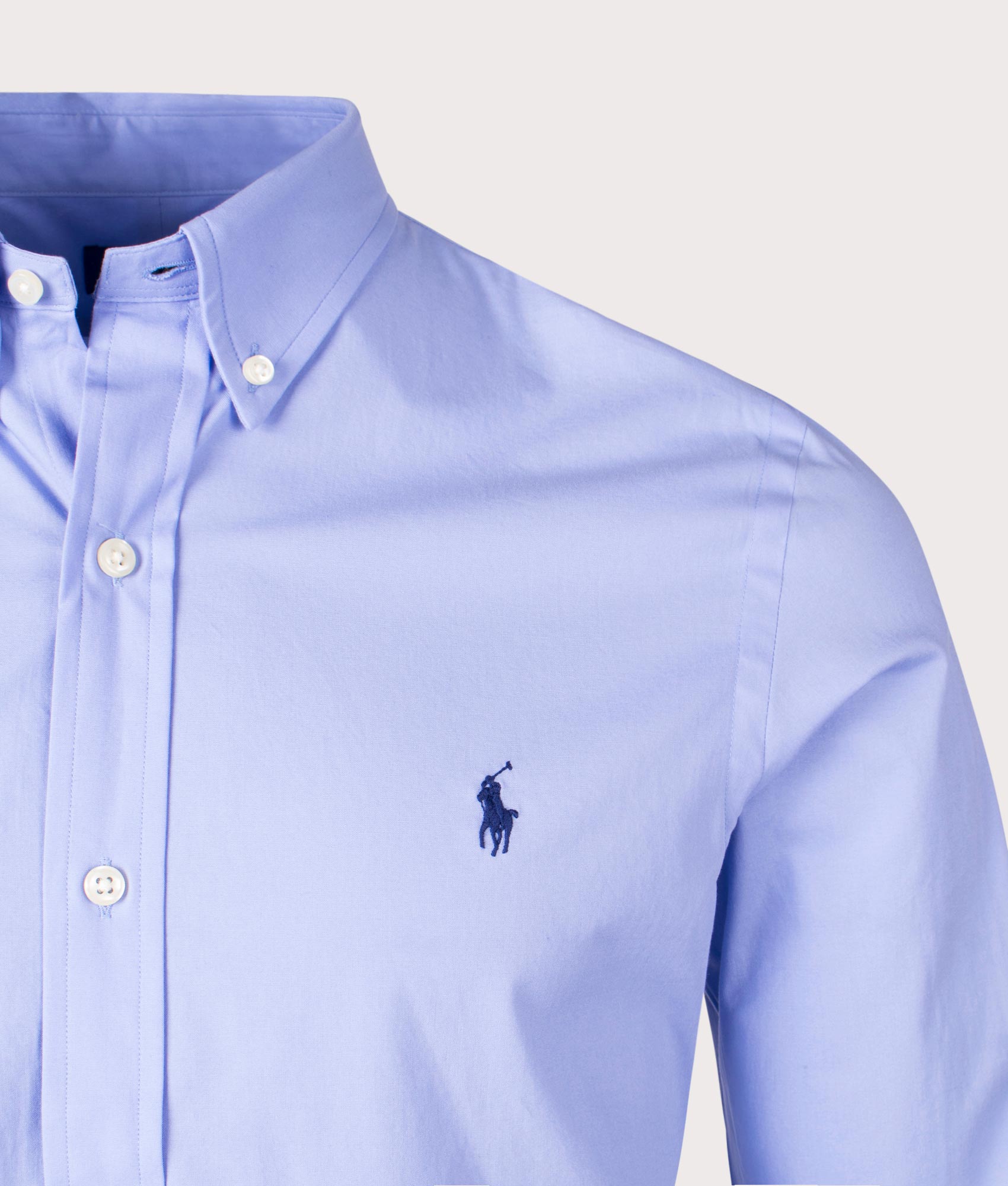 Slim Fit Stretch Poplin Shirt in Lafayette Blue by Polo Ralph Lauren. EQVVS Detail Shot.