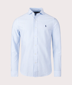 Polo Ralph Lauren Knit Oxford Sport Shirt in Office Blue and White Front Shot at EQVVS