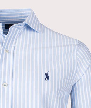 Polo Ralph Lauren Knit Oxford Sport Shirt in Office Blue and White Detail Shot at EQVVS