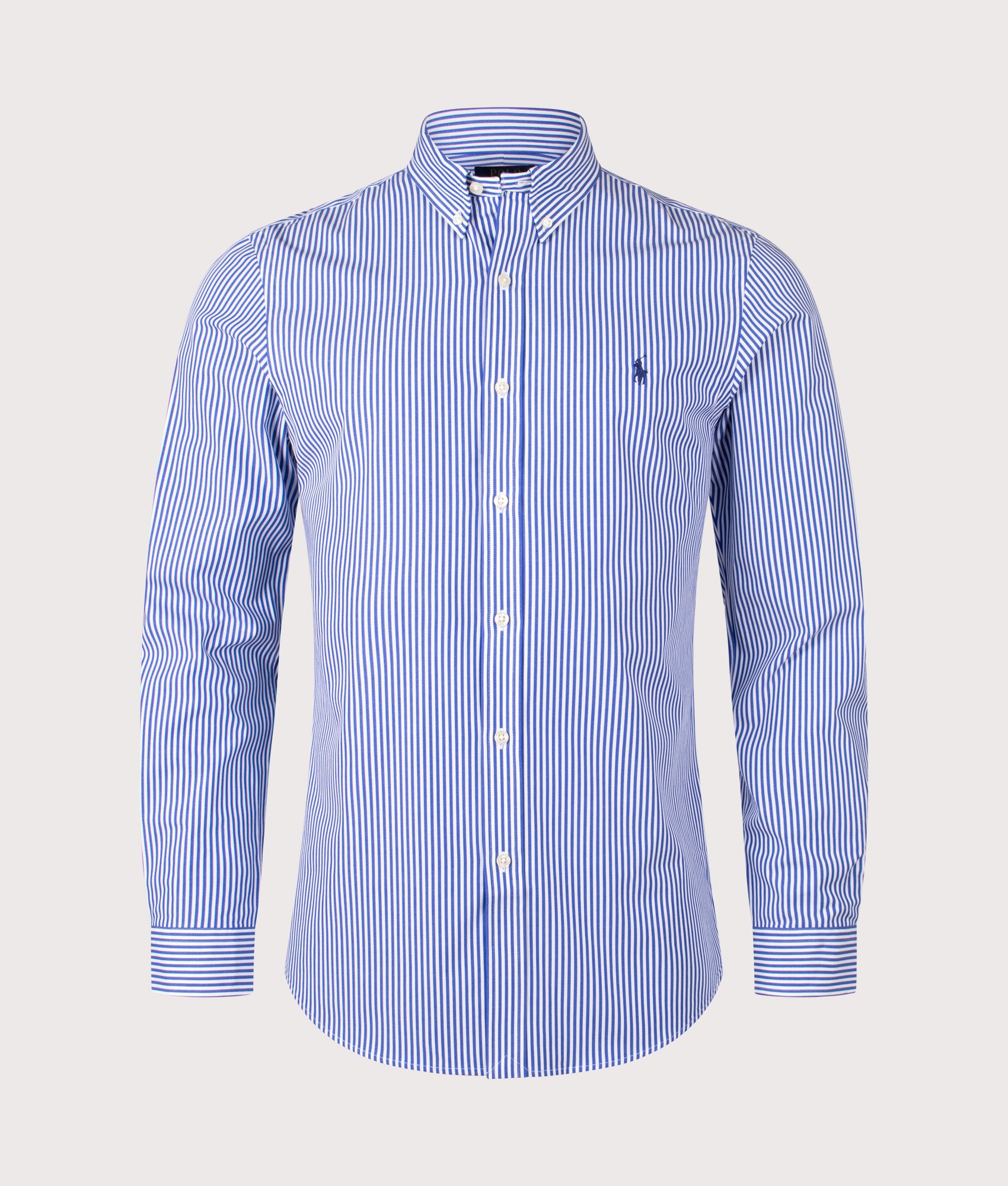 Polo Ralph Lauren Slim Fit Stretch Poplin Shirt in Blue and White Bengal Stripe at EQVVS Menswear. Front shot.