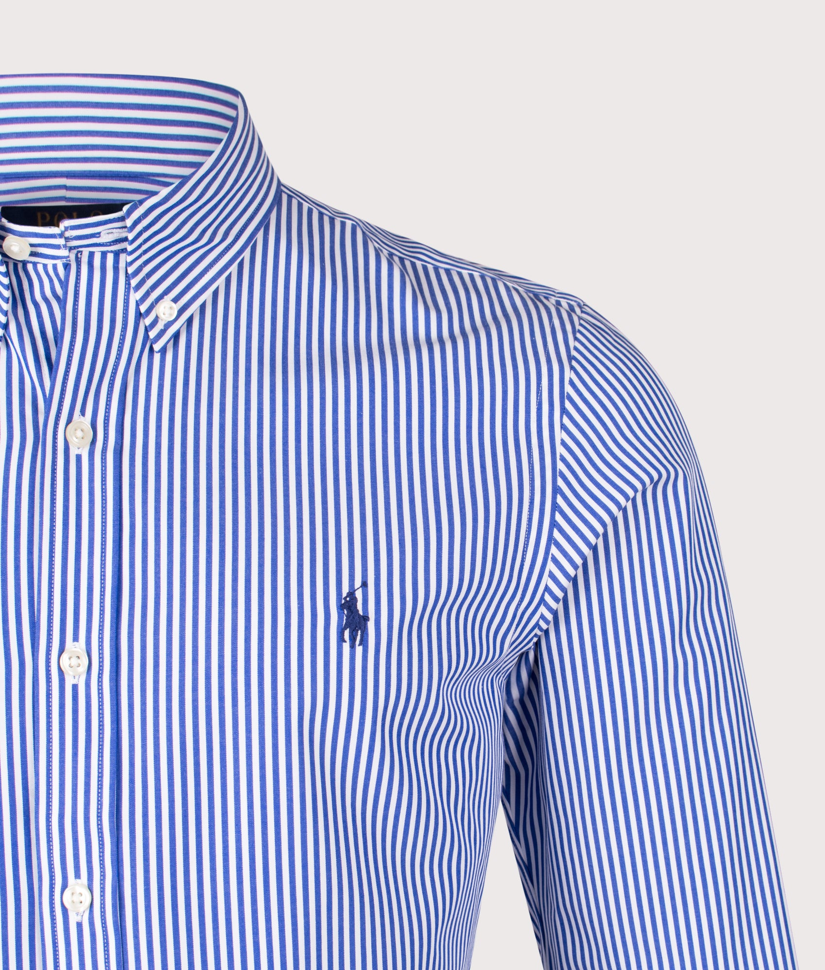 Polo Ralph Lauren Slim Fit Stretch Poplin Shirt in Blue and White Bengal Stripe at EQVVS Menswear. Detail shot.