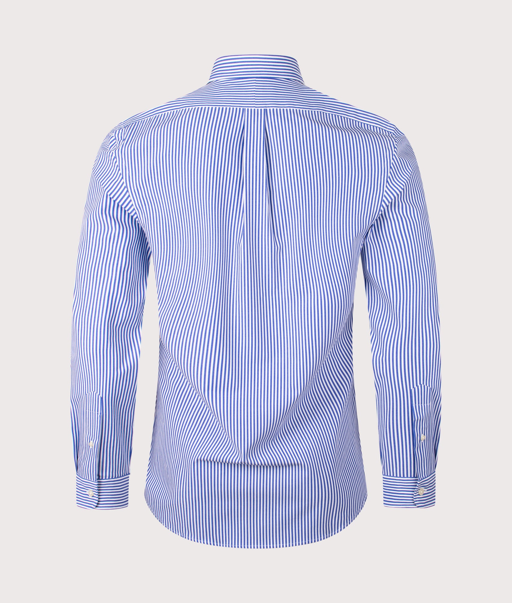 Polo Ralph Lauren Slim Fit Stretch Poplin Shirt in Blue and White Bengal Stripe at EQVVS Menswear. Back shot.