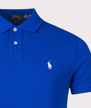 Polo Ralph Lauren Custom Slim Fit Mesh Polo Shirt in Sapphire Sar Blue, 100% Cotton Detail Shot at EQVVS
