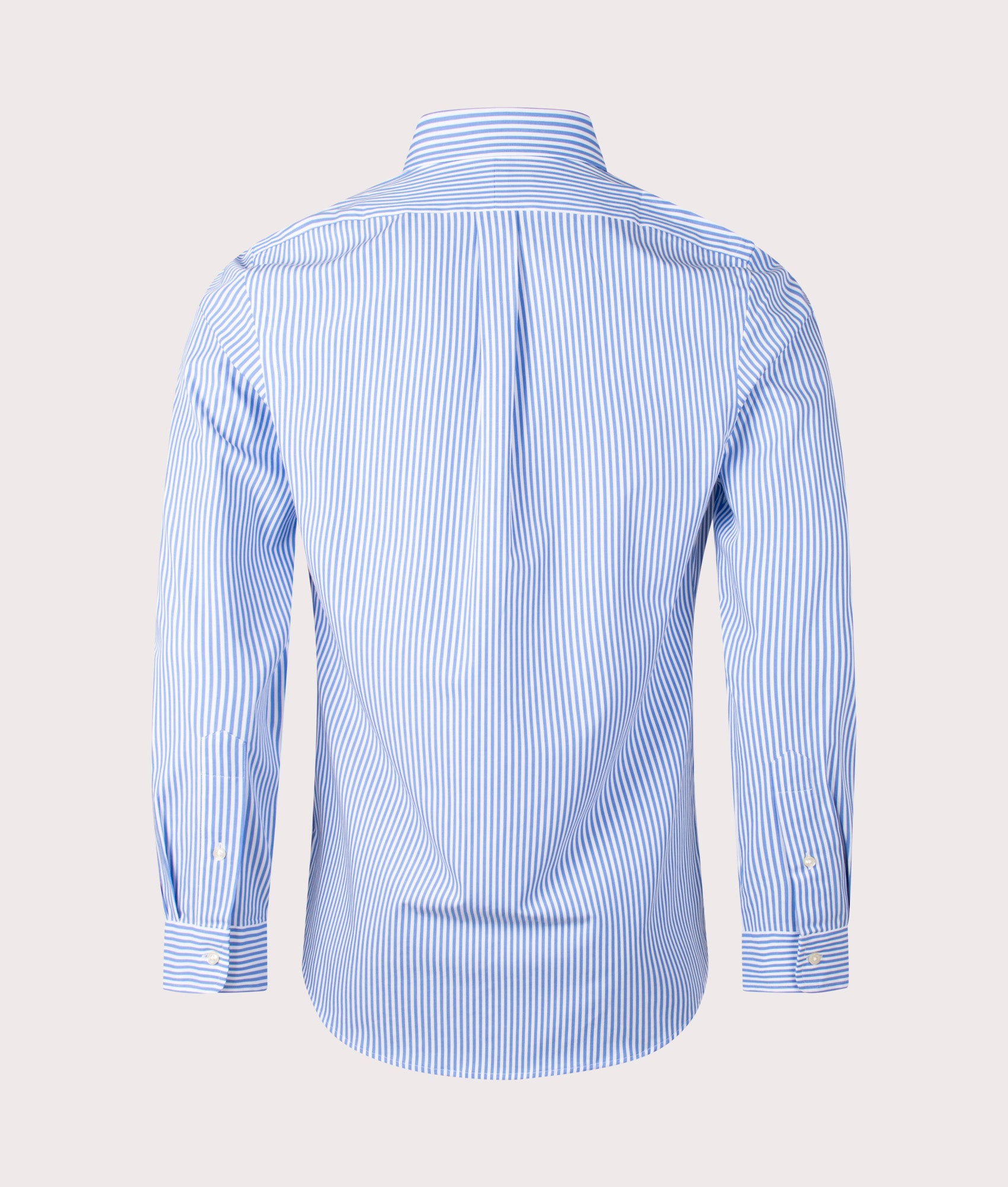 Polo Ralph Lauren Slim Fit Striped Poplin Shirt in Light Blue and White at EQVVS. Back Shot.